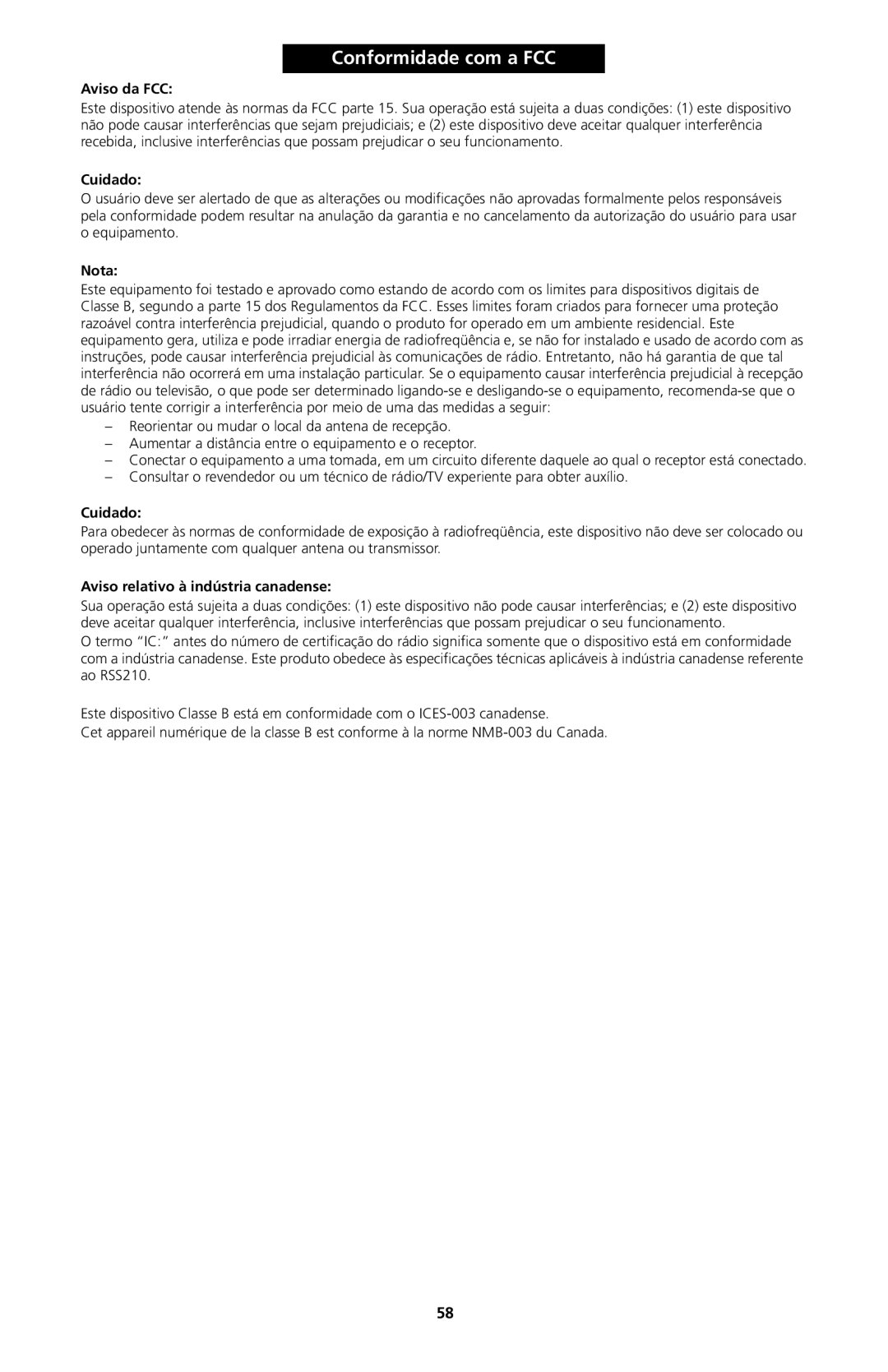 Kyocera 82-G1770-1FP manual Aviso da FCC, Cuidado, Aviso relativo à indústria canadense 