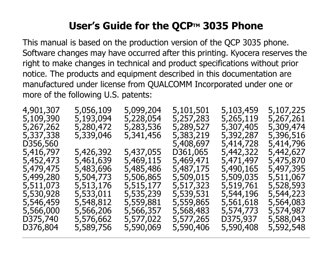 Kyocera 82-K5243 manual User’s Guide for the Qcptm 3035 Phone 