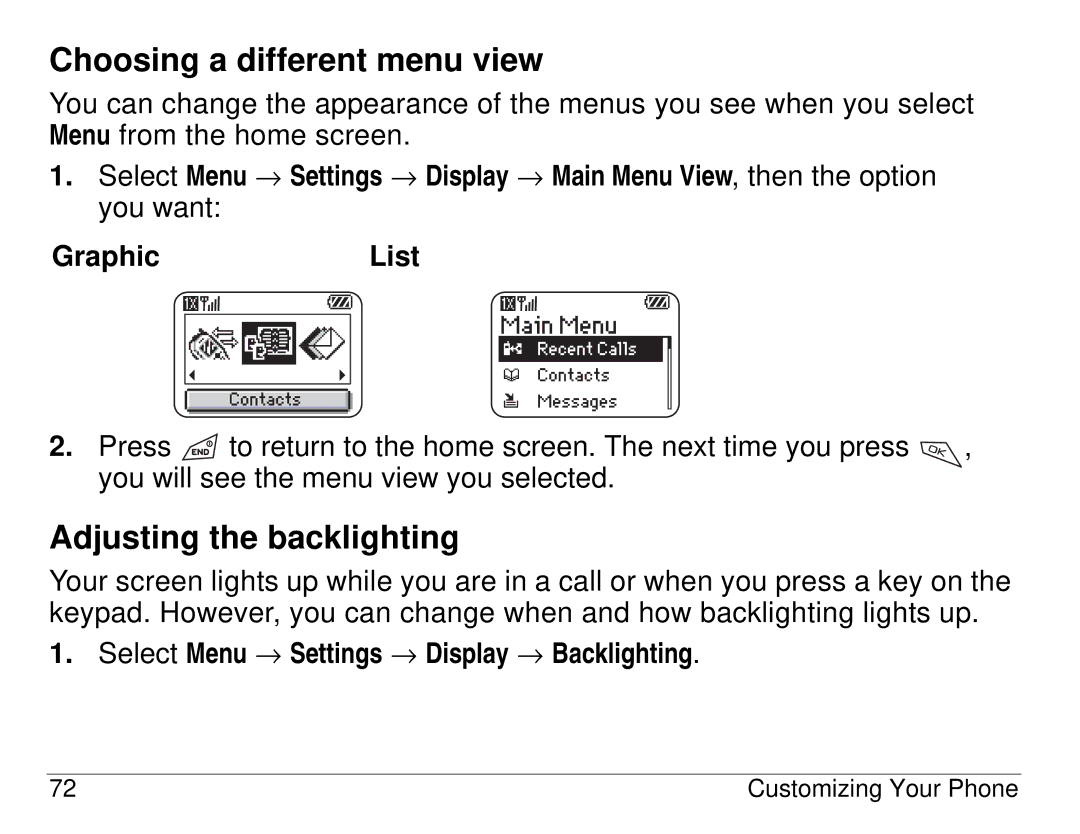 Kyocera 82-K5483-1EN manual Choosing a different menu view, Adjusting the backlighting, GraphicList 