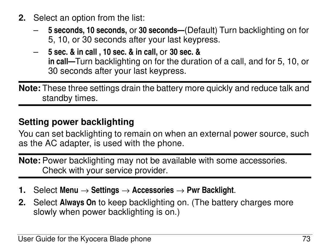 Kyocera 82-K5483-1EN manual Setting power backlighting, Sec. & in call , 10 sec. & in call, or 30 sec 