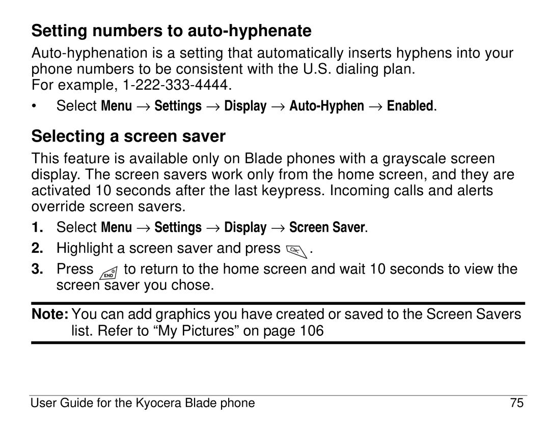 Kyocera 82-K5483-1EN manual Setting numbers to auto-hyphenate, Selecting a screen saver 