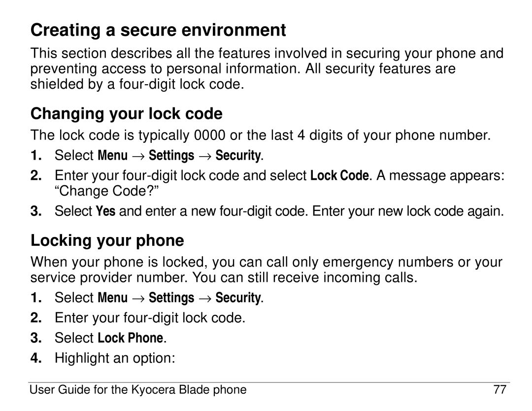 Kyocera 82-K5483-1EN manual Creating a secure environment, Changing your lock code, Locking your phone, Select Lock Phone 