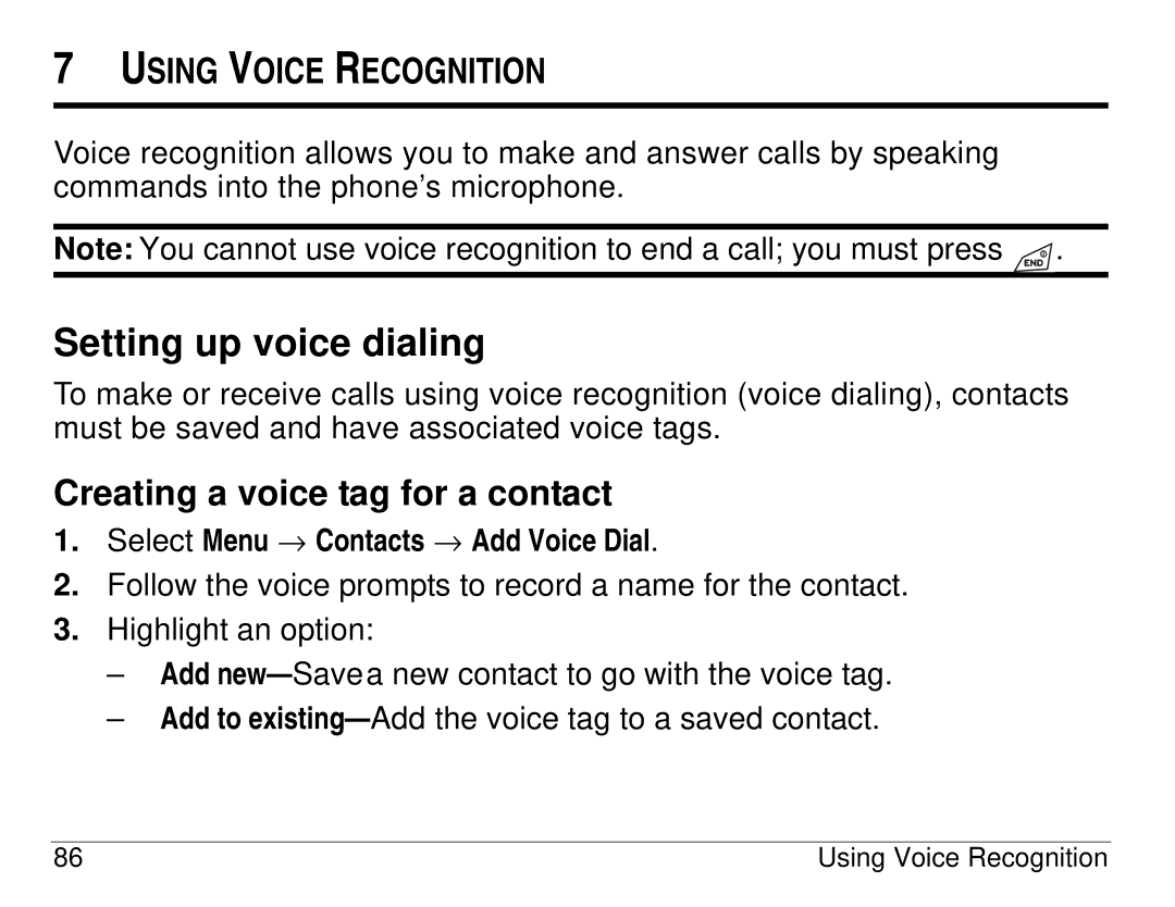 Kyocera 82-K5483-1EN Setting up voice dialing, Creating a voice tag for a contact, Select Menu → Contacts → Add Voice Dial 