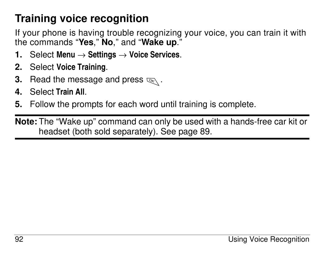 Kyocera 82-K5483-1EN manual Training voice recognition, Select Train All 