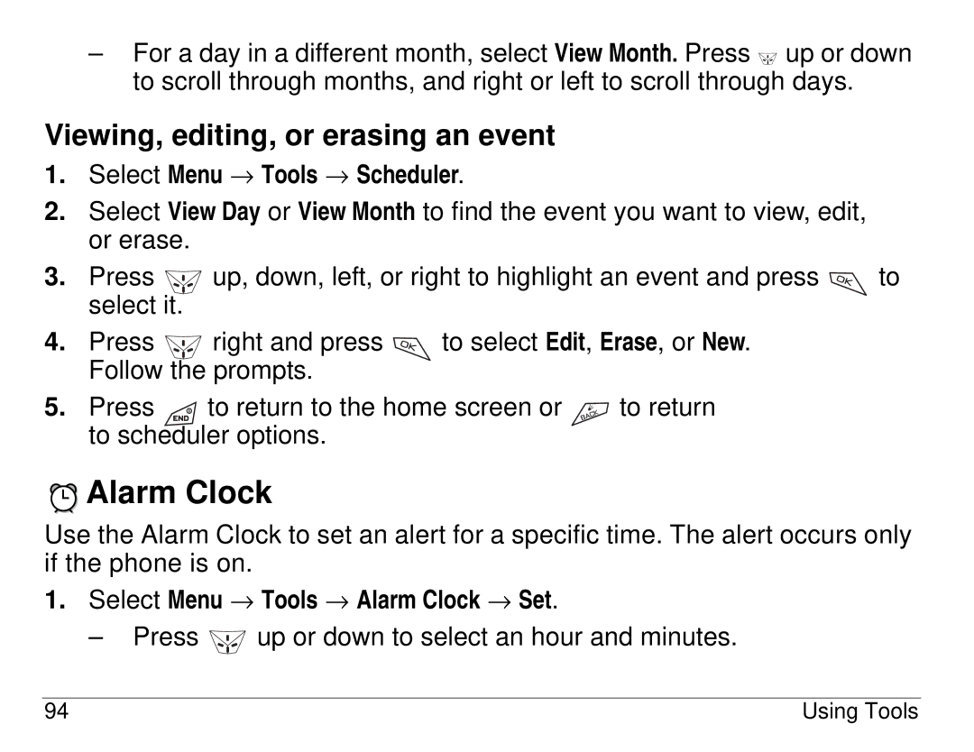 Kyocera 82-K5483-1EN manual Viewing, editing, or erasing an event, Select Menu → Tools → Alarm Clock → Set 