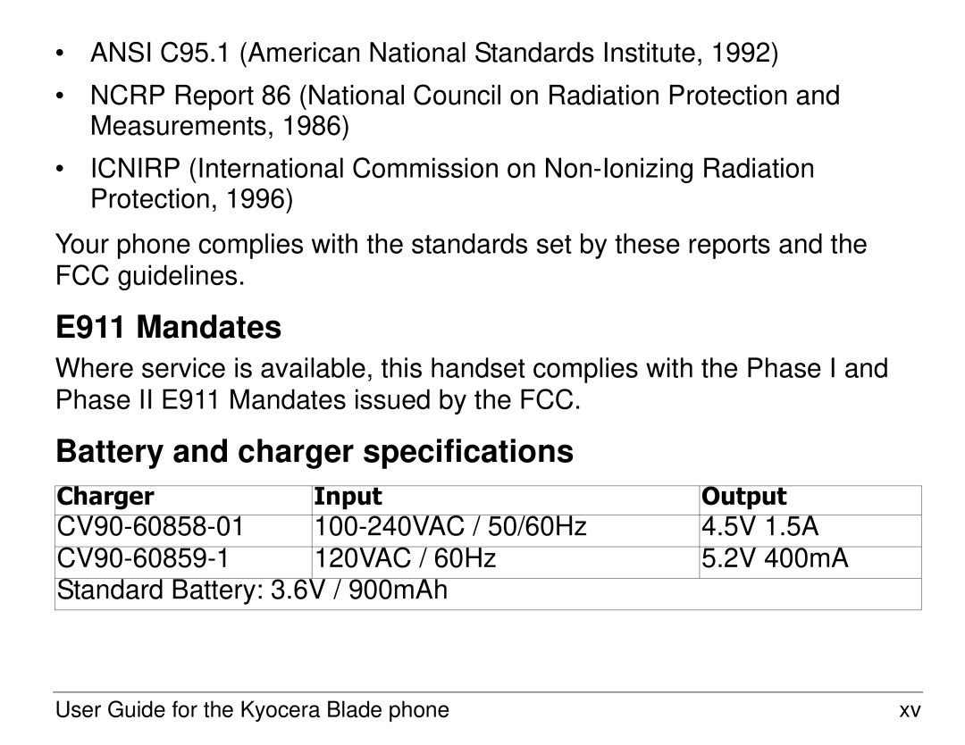 Kyocera 82-K5483-1EN manual E911 Mandates, Battery and charger specifications 