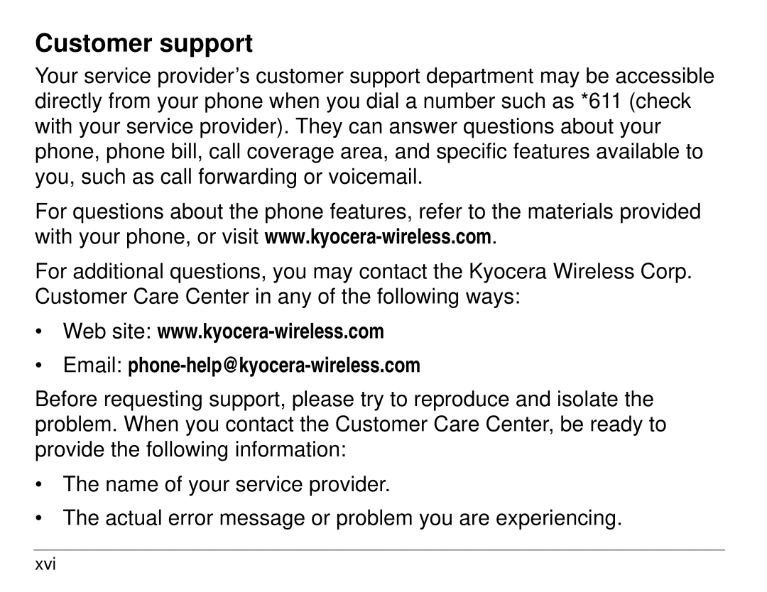 Kyocera 82-K5483-1EN manual Customer support, Email phone-help@kyocera-wireless.com 