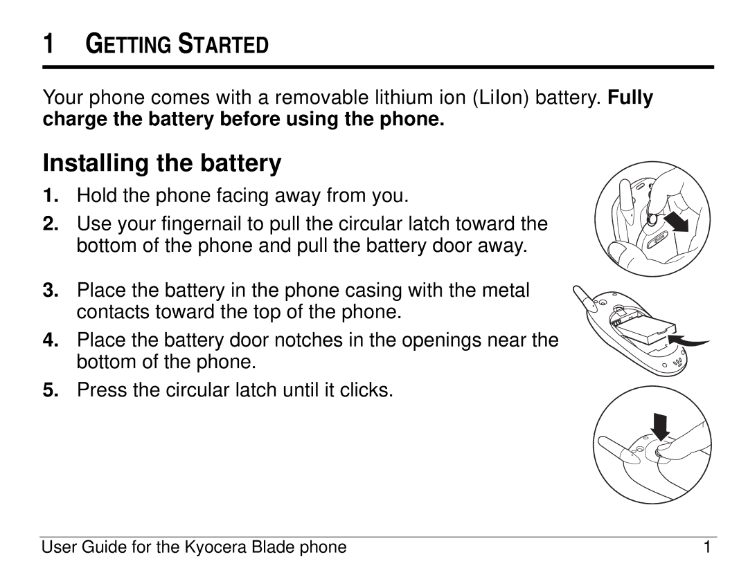 Kyocera 82-K5483-1EN manual Installing the battery, Getting Started 