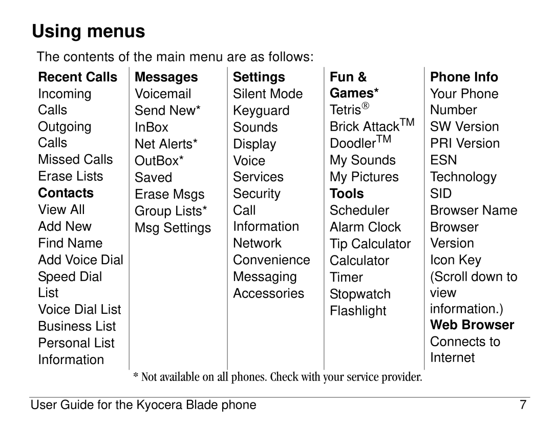 Kyocera 82-K5483-1EN manual Using menus, Contacts 