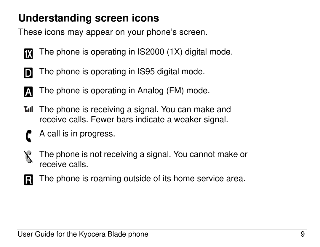 Kyocera 82-K5483-1EN manual Understanding screen icons 