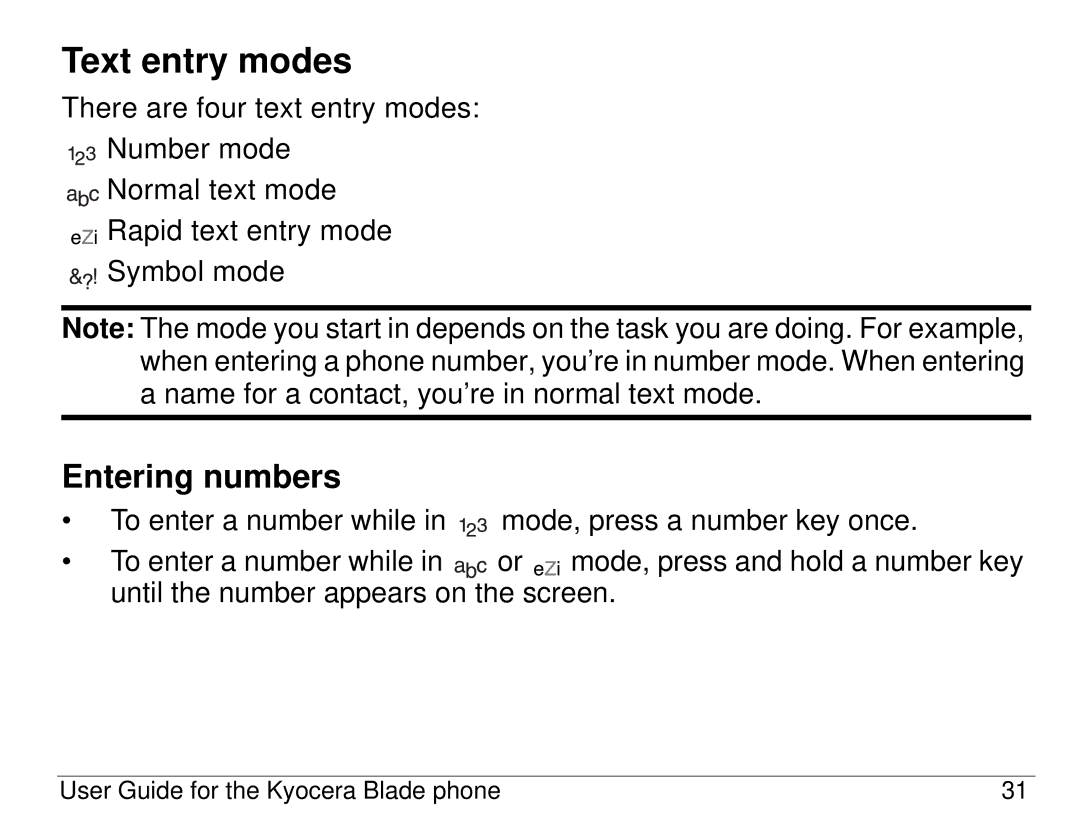 Kyocera 82-K5483-1EN manual Text entry modes, Entering numbers 