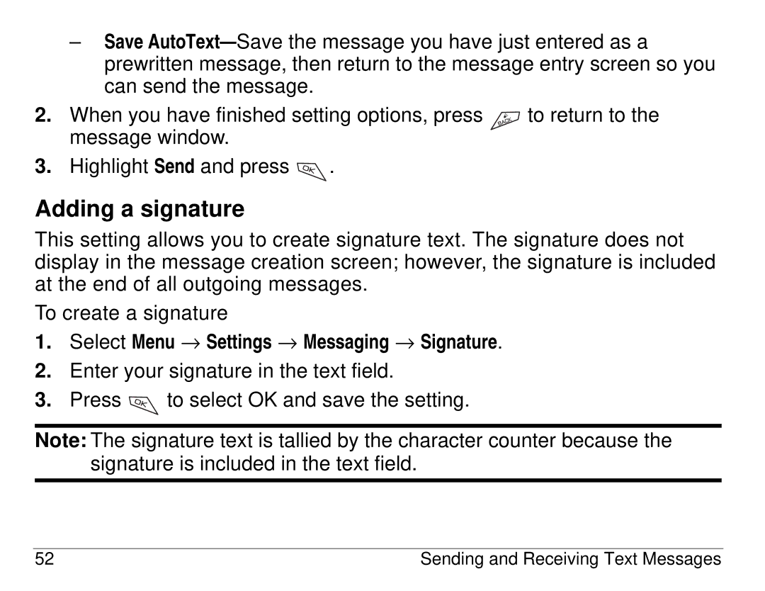 Kyocera 82-K5483-1EN manual Adding a signature, Select Menu → Settings → Messaging → Signature 