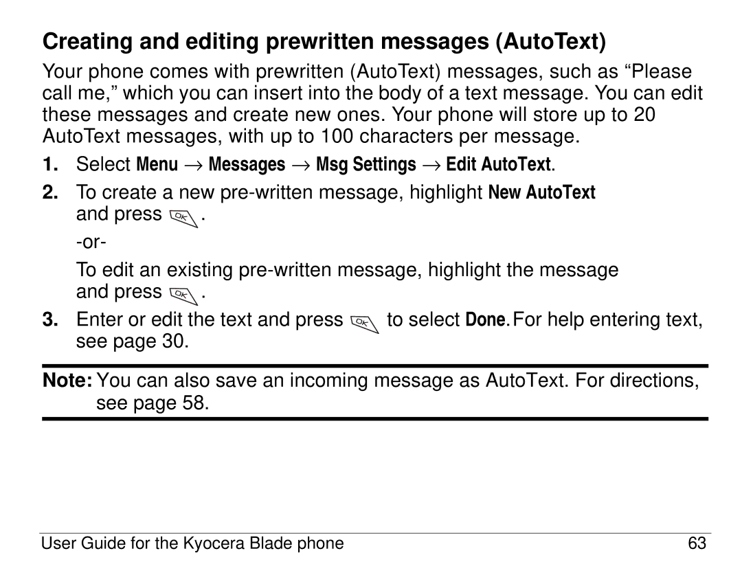 Kyocera 82-K5483-1EN manual Creating and editing prewritten messages AutoText 