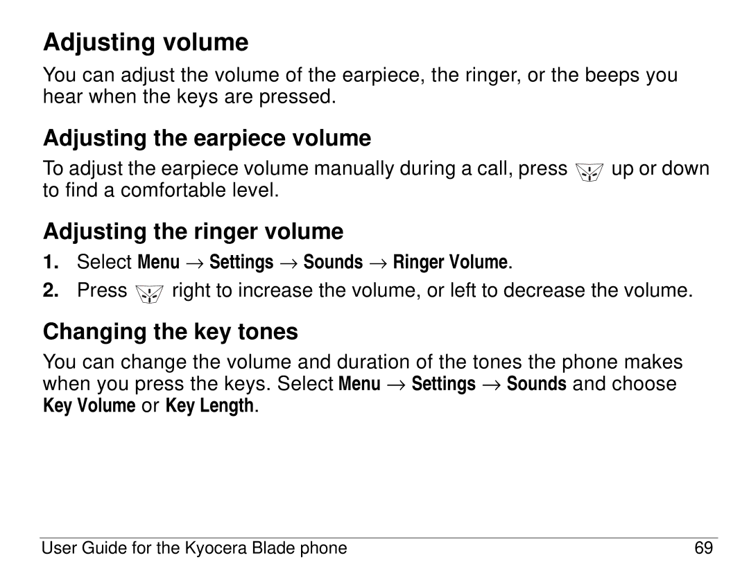 Kyocera 82-K5483-1EN Adjusting volume, Adjusting the earpiece volume, Adjusting the ringer volume, Changing the key tones 