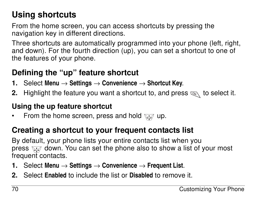 Kyocera 82-K5483-1EN Using shortcuts, Defining the up feature shortcut, Creating a shortcut to your frequent contacts list 