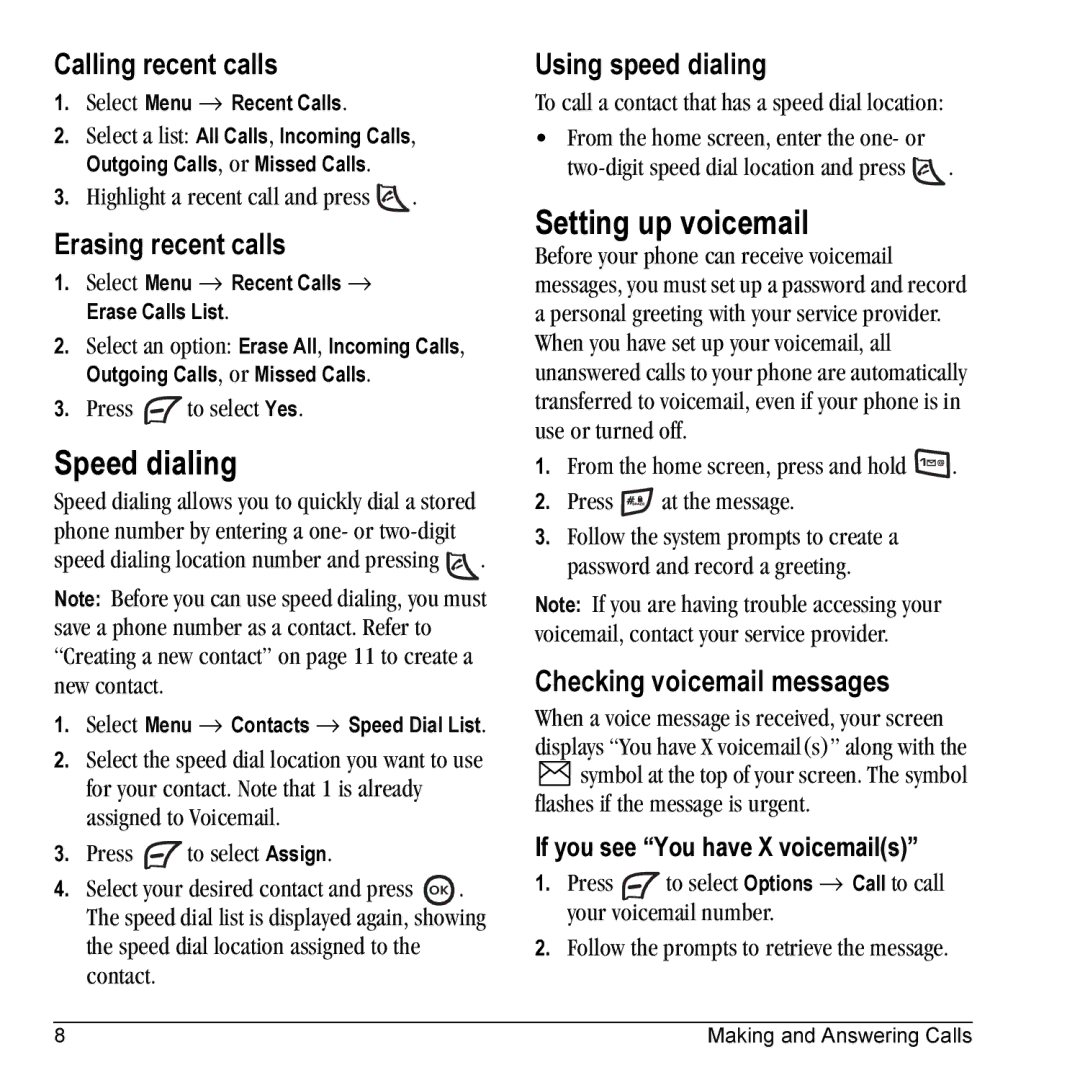 Kyocera 901 manual Speed dialing, Setting up voicemail 