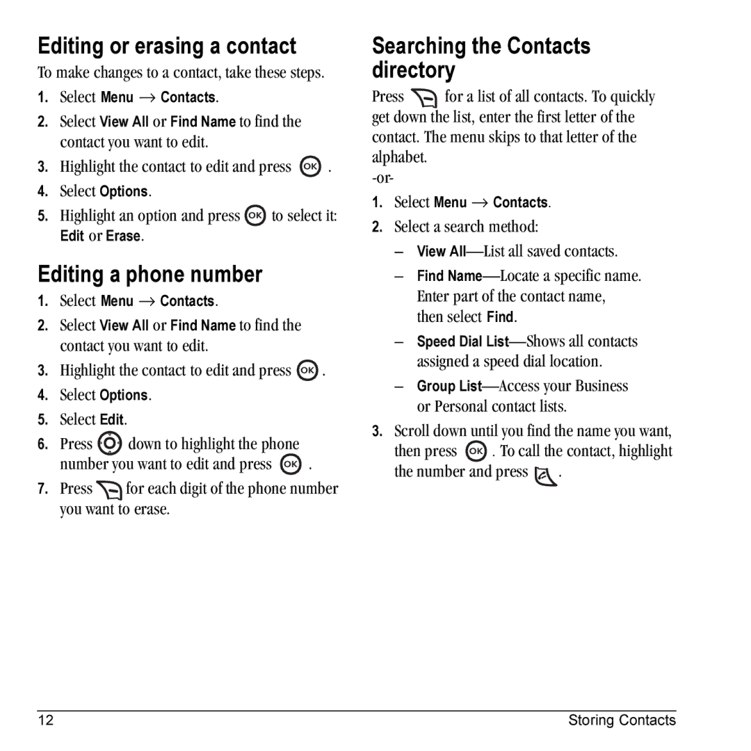 Kyocera 901 manual Editing or erasing a contact, Editing a phone number, Searching the Contacts directory 