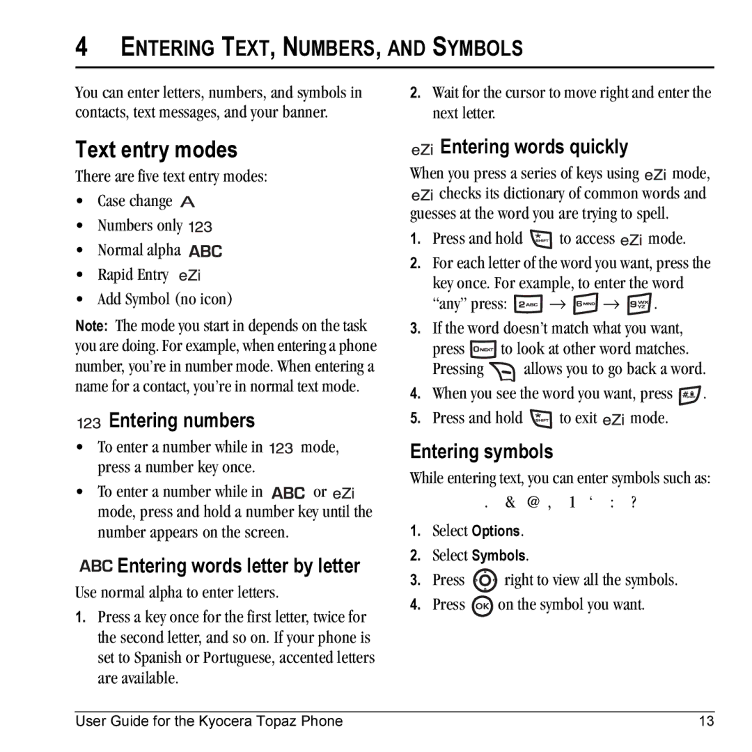 Kyocera 901 manual Text entry modes, Entering TEXT, NUMBERS, and Symbols 