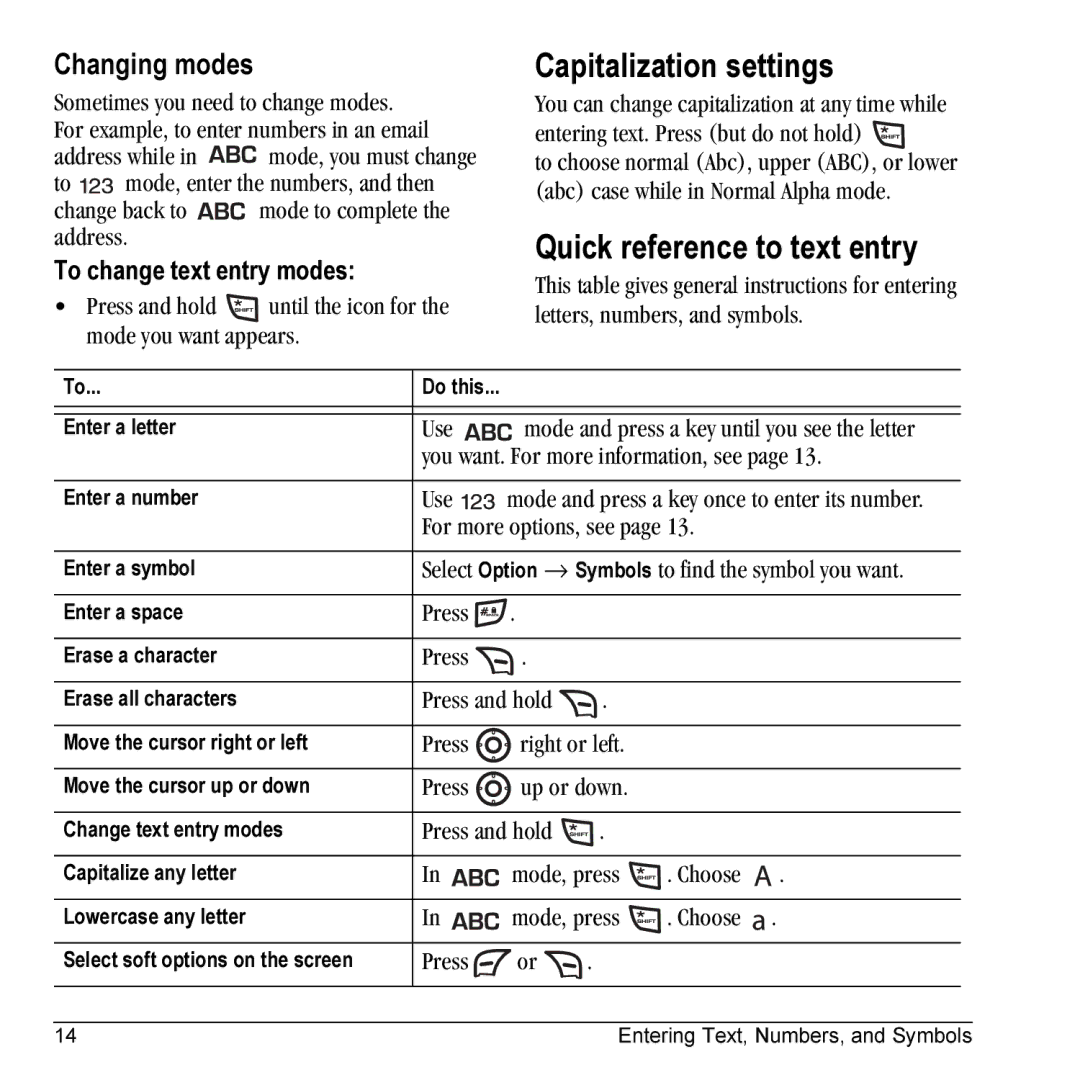 Kyocera 901 manual Capitalization settings, Quick reference to text entry, Changing modes, To change text entry modes 