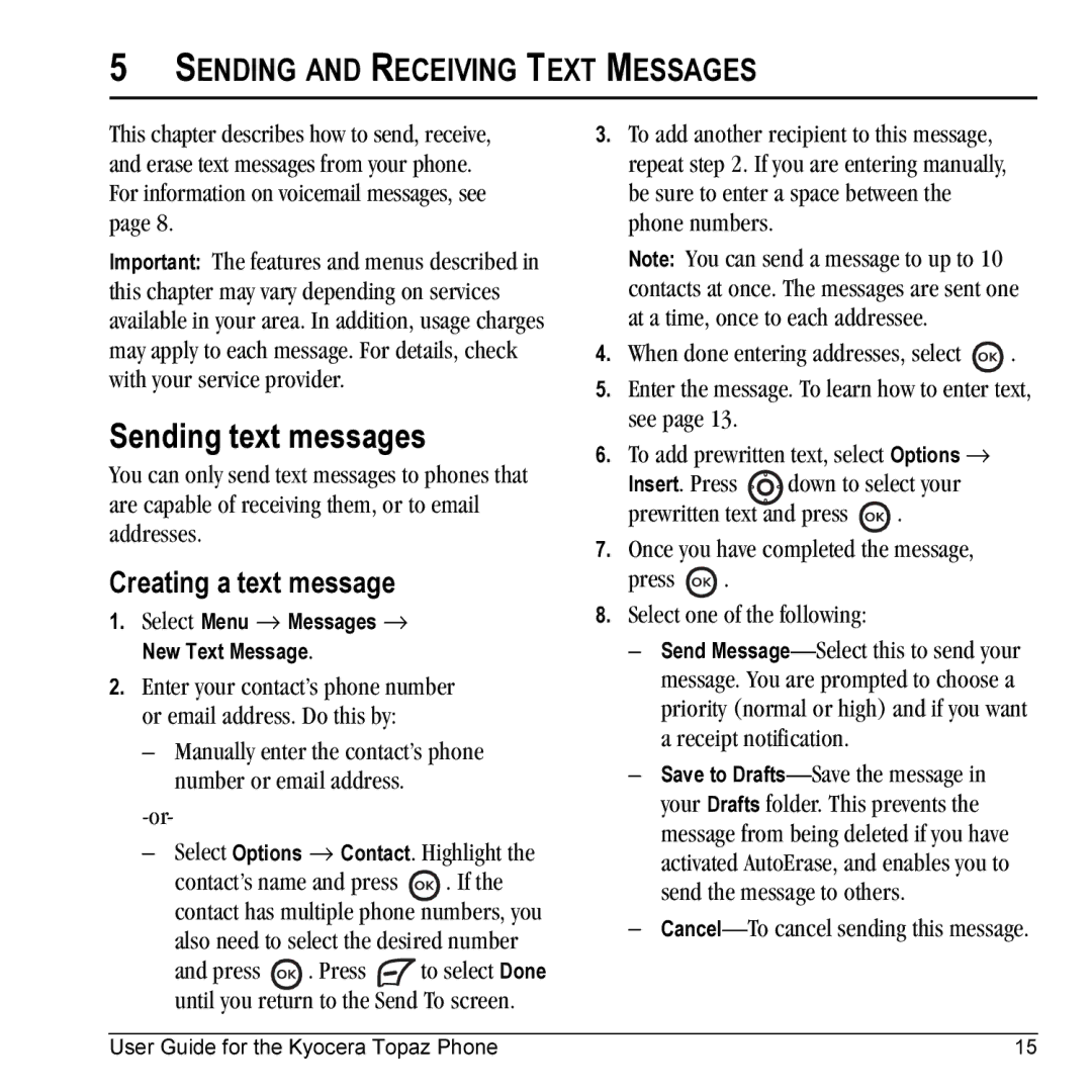 Kyocera 901 manual Sending text messages, Sending and Receiving Text Messages, Creating a text message 