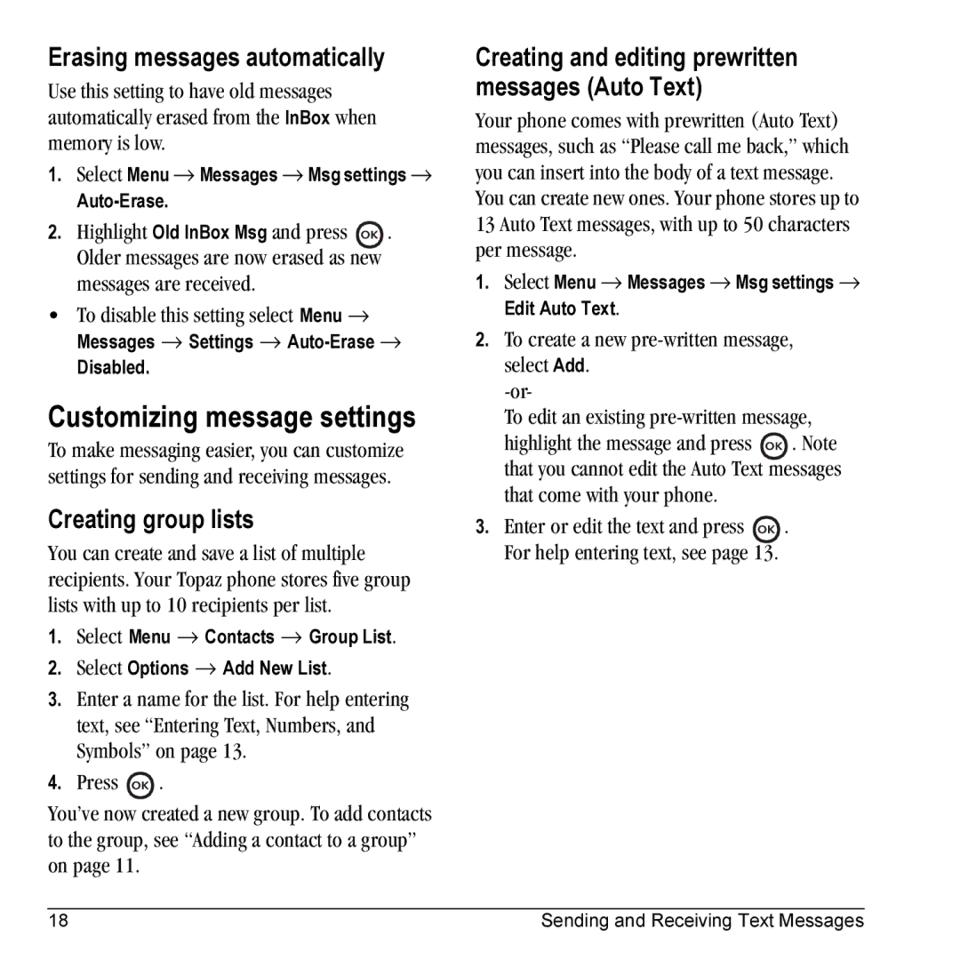 Kyocera 901 manual Customizing message settings, Erasing messages automatically, Creating group lists 