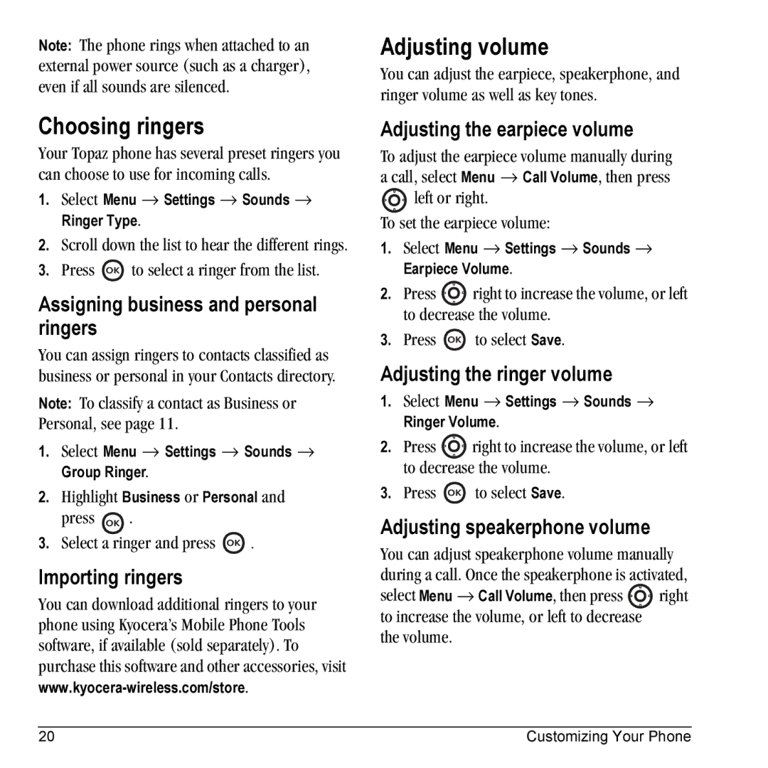 Kyocera 901 manual Choosing ringers, Adjusting volume 