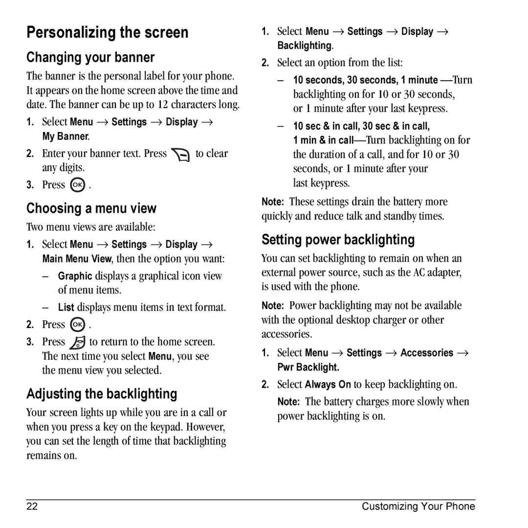 Kyocera 901 manual Personalizing the screen, Changing your banner, Choosing a menu view, Adjusting the backlighting 