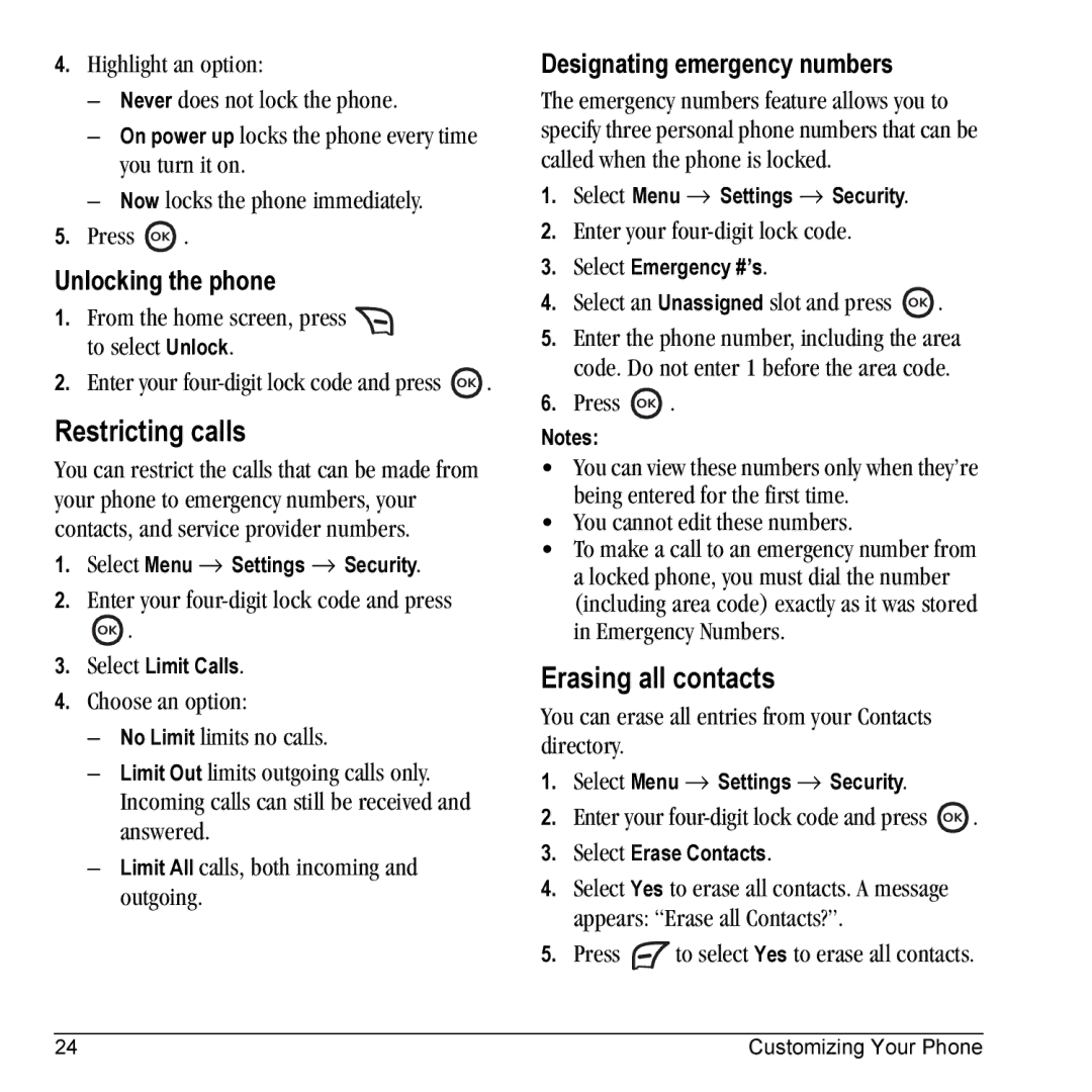 Kyocera 901 manual Restricting calls, Erasing all contacts, Unlocking the phone, Designating emergency numbers 