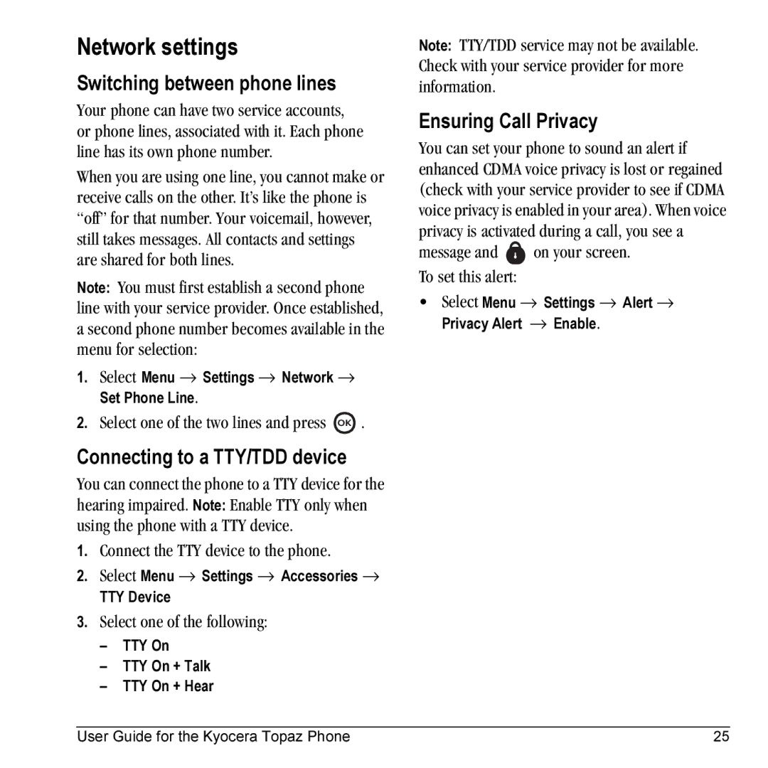 Kyocera 901 manual Network settings, Switching between phone lines, Connecting to a TTY/TDD device, Ensuring Call Privacy 