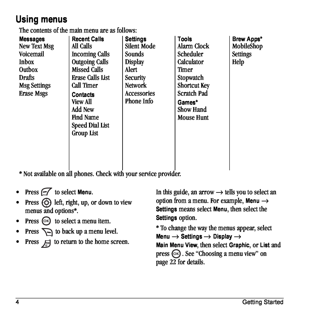 Kyocera 901 manual Using menus 
