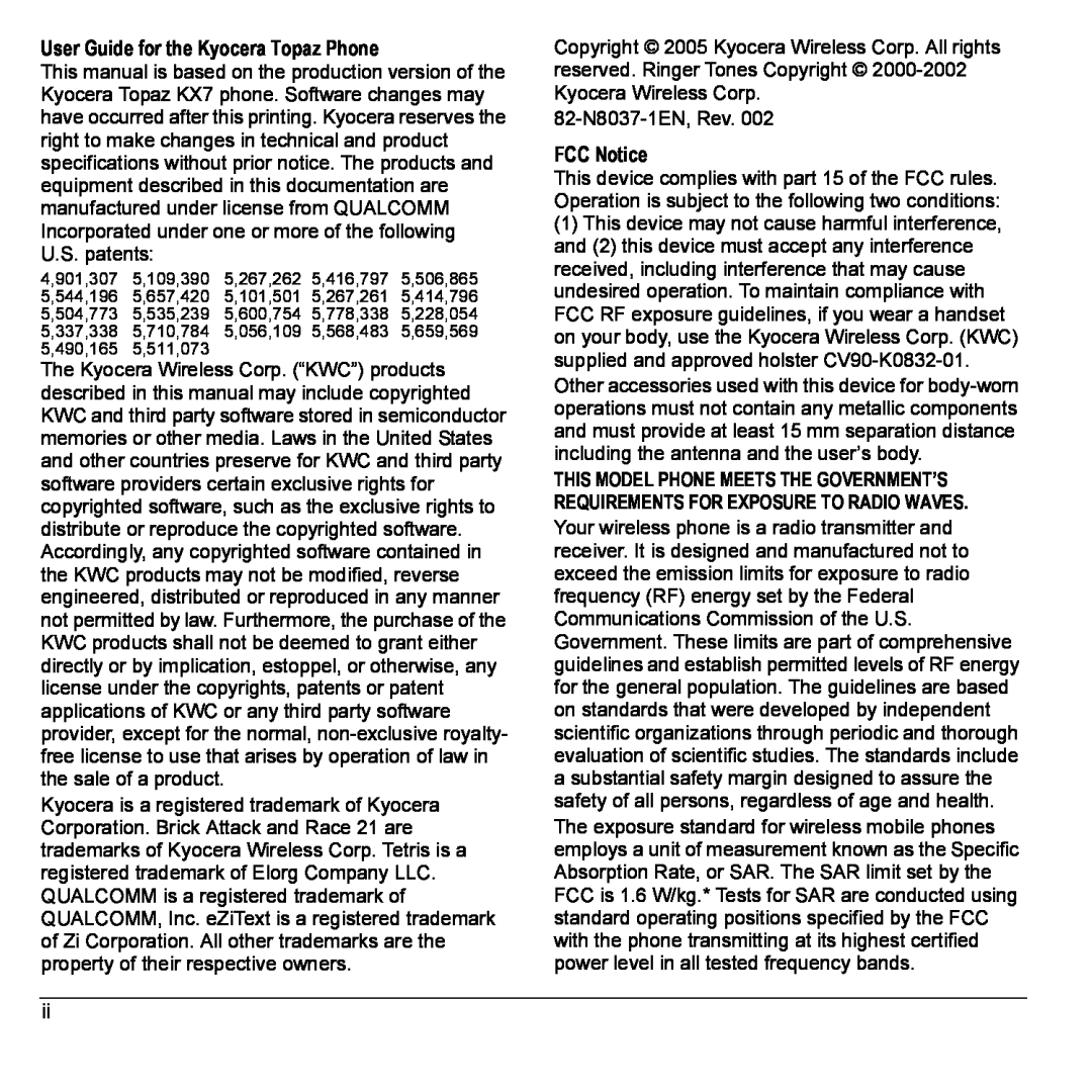 Kyocera 901 manual User Guide for the Kyocera Topaz Phone, 82-N8037-1EN, Rev FCC Notice 