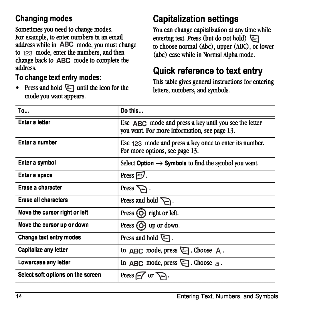 Kyocera 901 manual Capitalization settings, Quick reference to text entry, Changing modes, To change text entry modes 