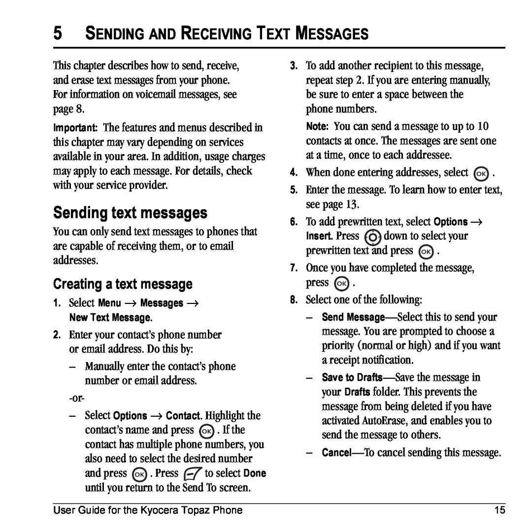 Kyocera 901 manual Sending text messages, Sending And Receiving Text Messages, Creating a text message 