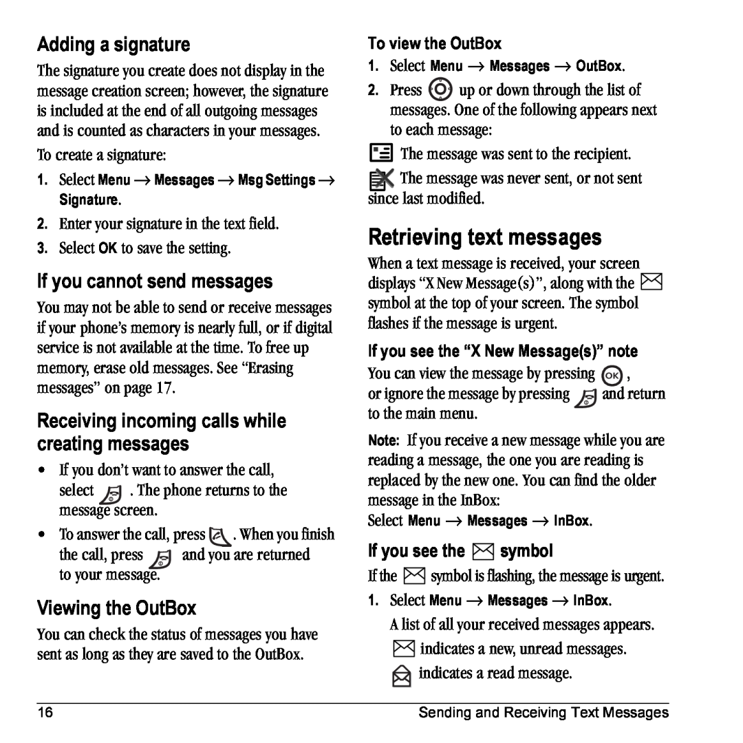 Kyocera 901 manual Retrieving text messages, Adding a signature, If you cannot send messages, Viewing the OutBox 