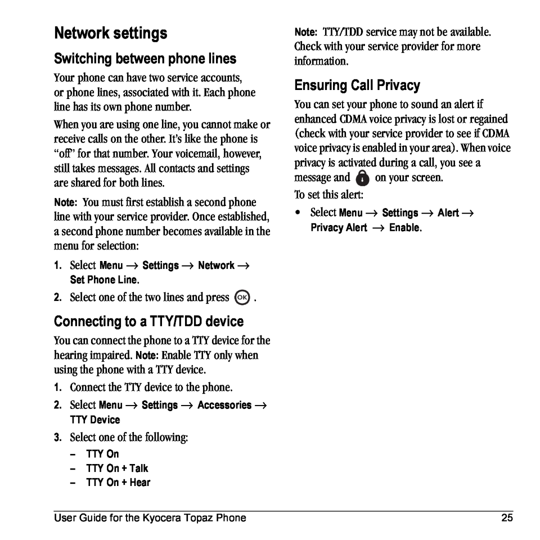 Kyocera 901 manual Network settings, Switching between phone lines, Connecting to a TTY/TDD device, Ensuring Call Privacy 