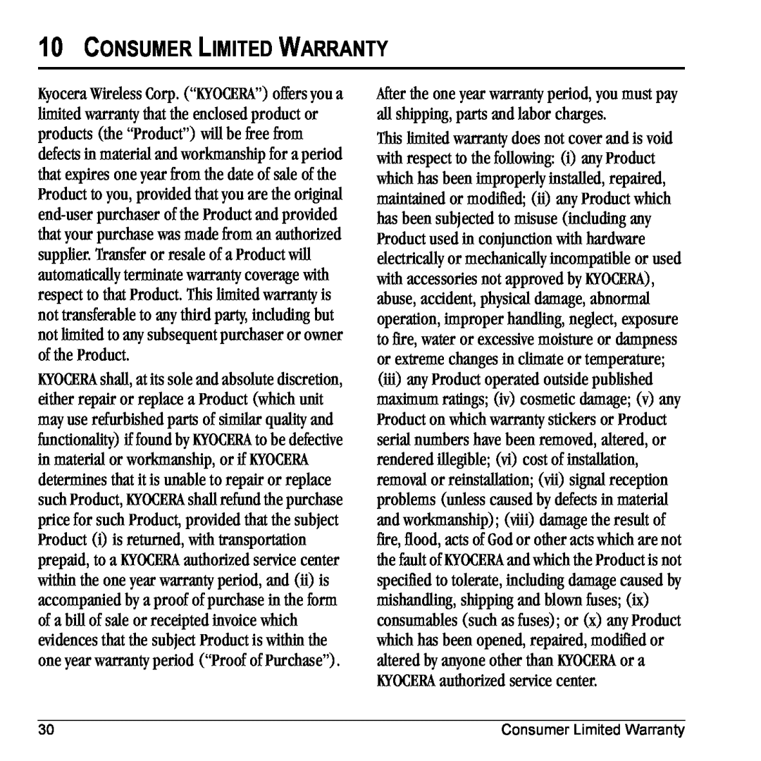 Kyocera 901 manual Consumer Limited Warranty 