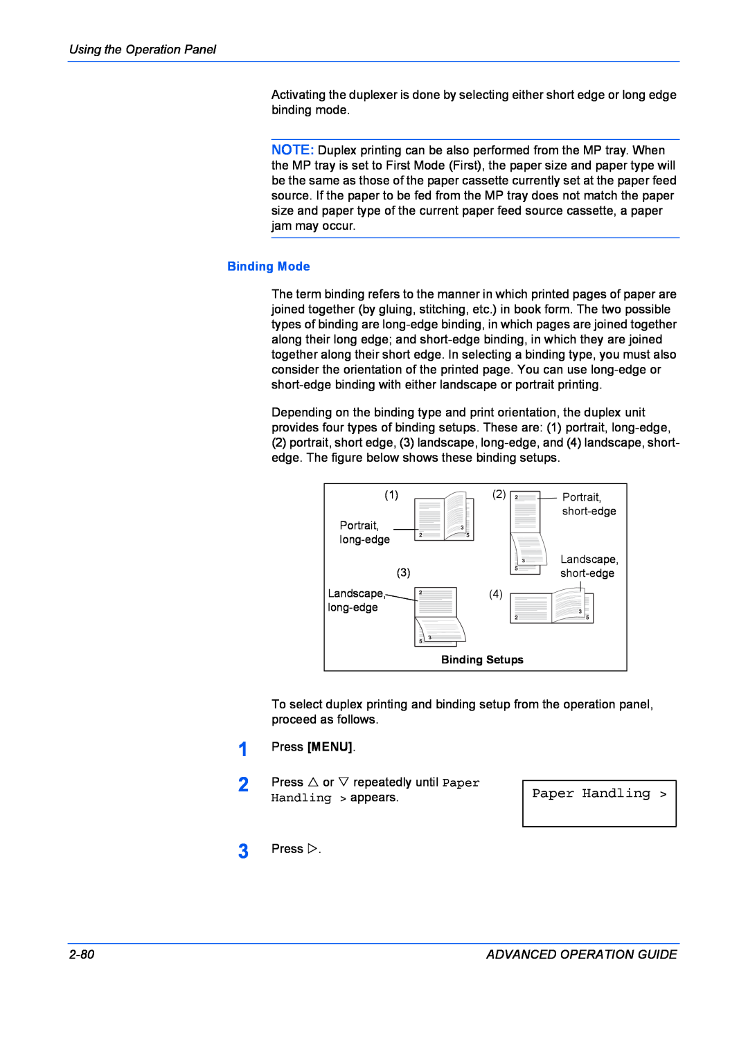 Kyocera 9530DN manual Paper Handling, Binding Mode 