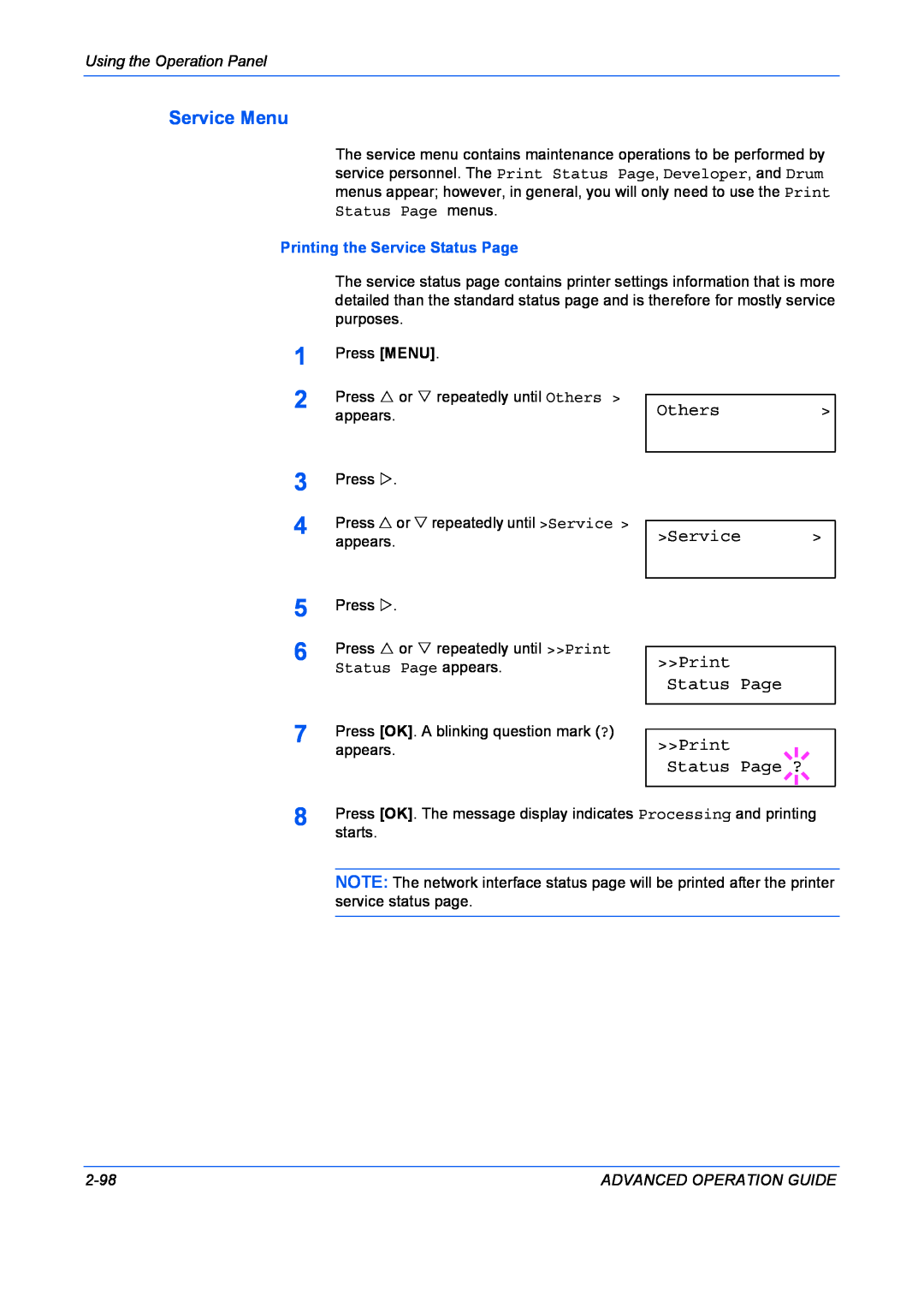 Kyocera 9530DN manual Service Menu, Others Service Print Status Page Print Status Page ?, Printing the Service Status Page 