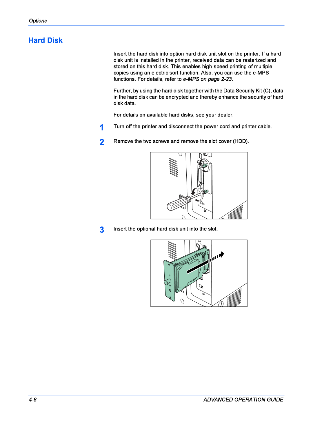 Kyocera 9530DN manual Hard Disk, Options, Advanced Operation Guide 