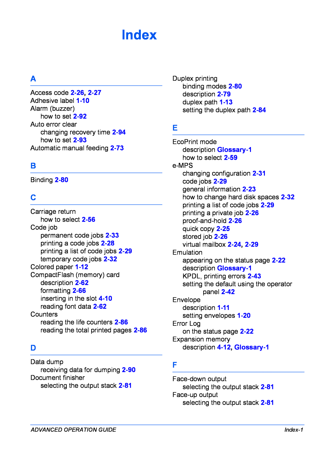Kyocera 9530DN manual Index, description 4-12, Glossary-1 