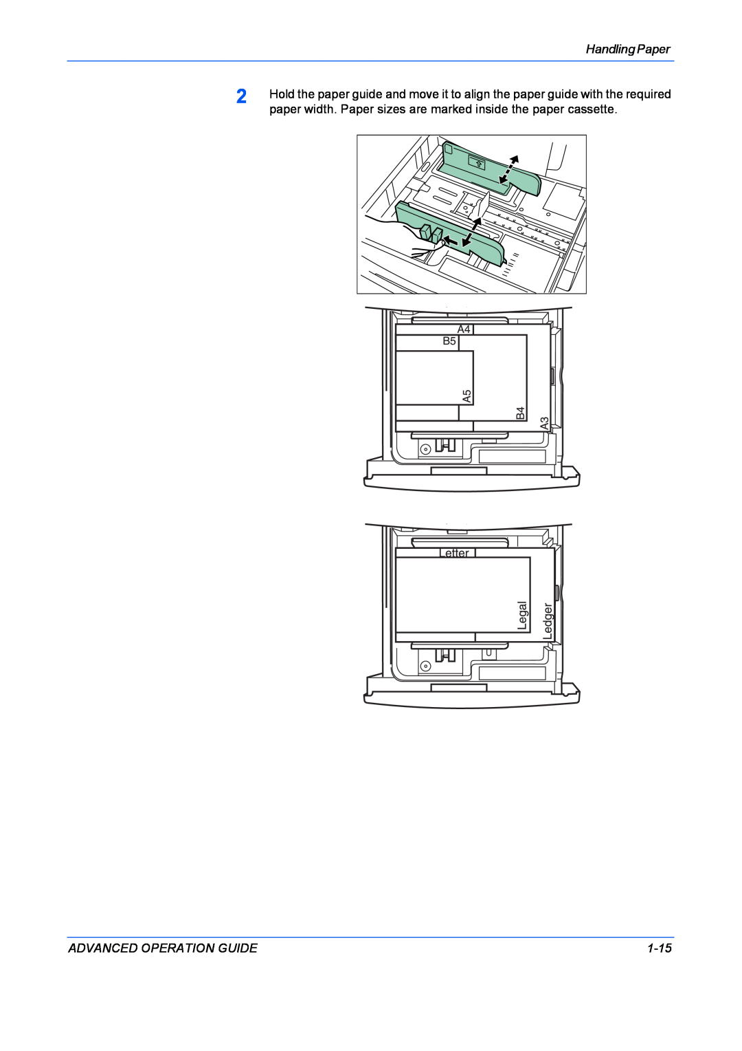 Kyocera 9530DN Handling Paper, paper width. Paper sizes are marked inside the paper cassette, Advanced Operation Guide 