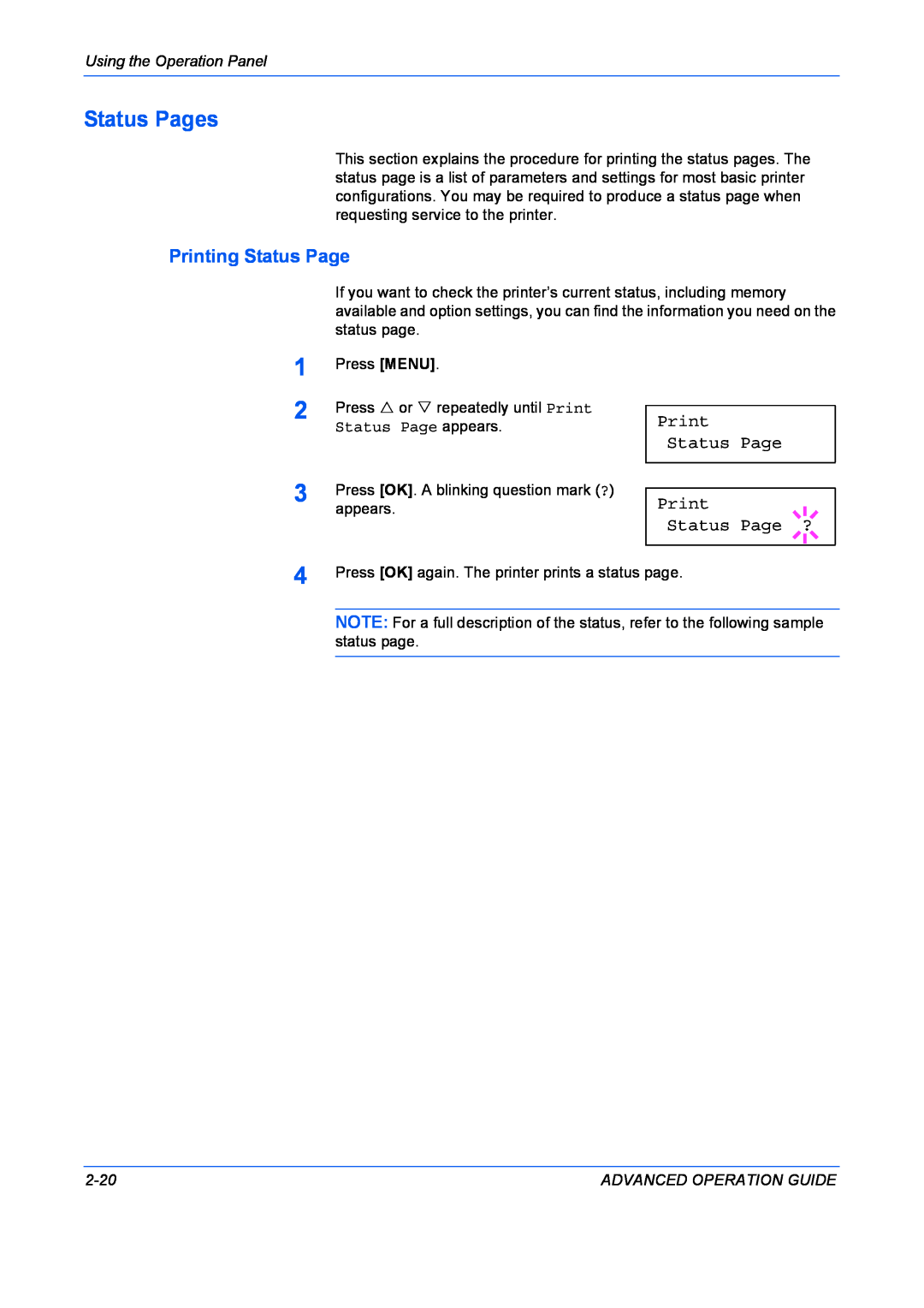 Kyocera 9530DN manual Status Pages, Printing Status Page, Print Status Page Print Status Page ? 