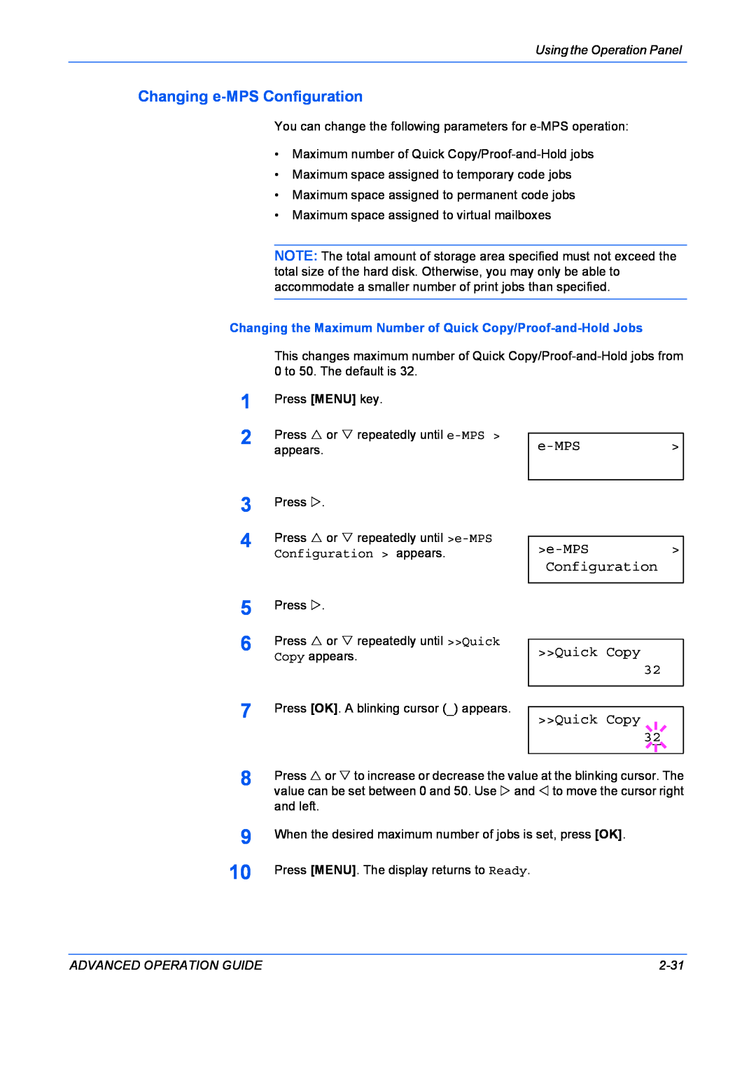 Kyocera 9530DN manual Changing e-MPS Configuration, e-MPS Configuration Quick Copy 