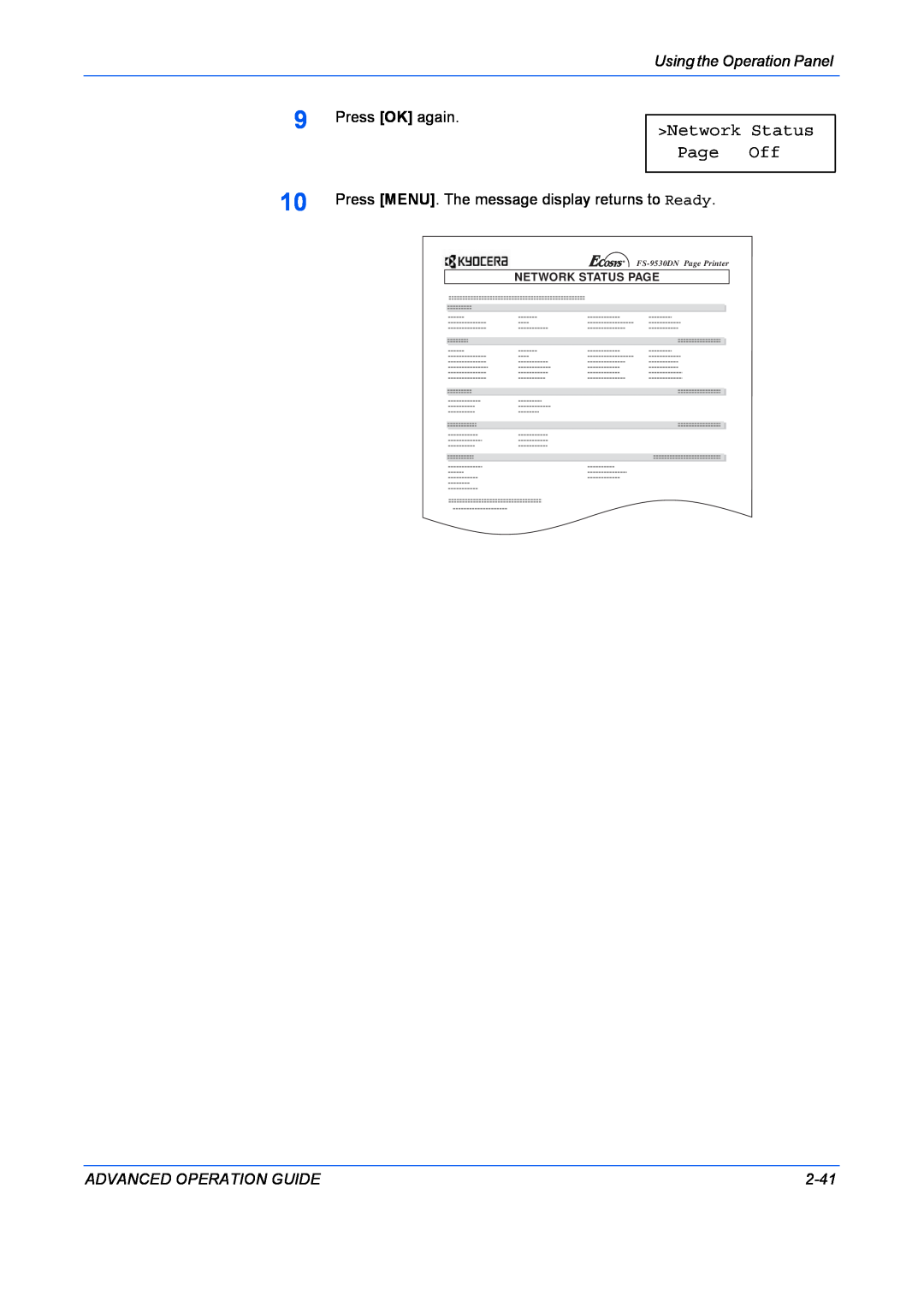 Kyocera manual Network Status Page Off, FS-9530DN Page Printer 