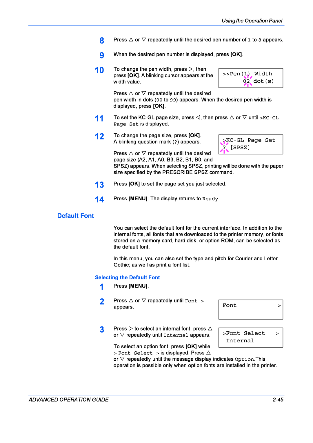 Kyocera 9530DN manual Width, dots, KC-GL Page Set, ? Spsz, Font Select, Internal, Selecting the Default Font 