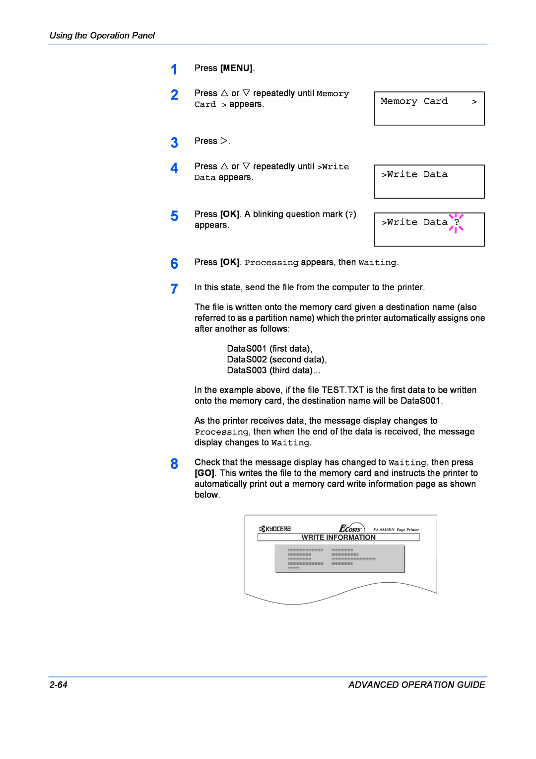 Kyocera manual Memory Card, Write Data ?, Write Information, FS-9530DN Page Printer 