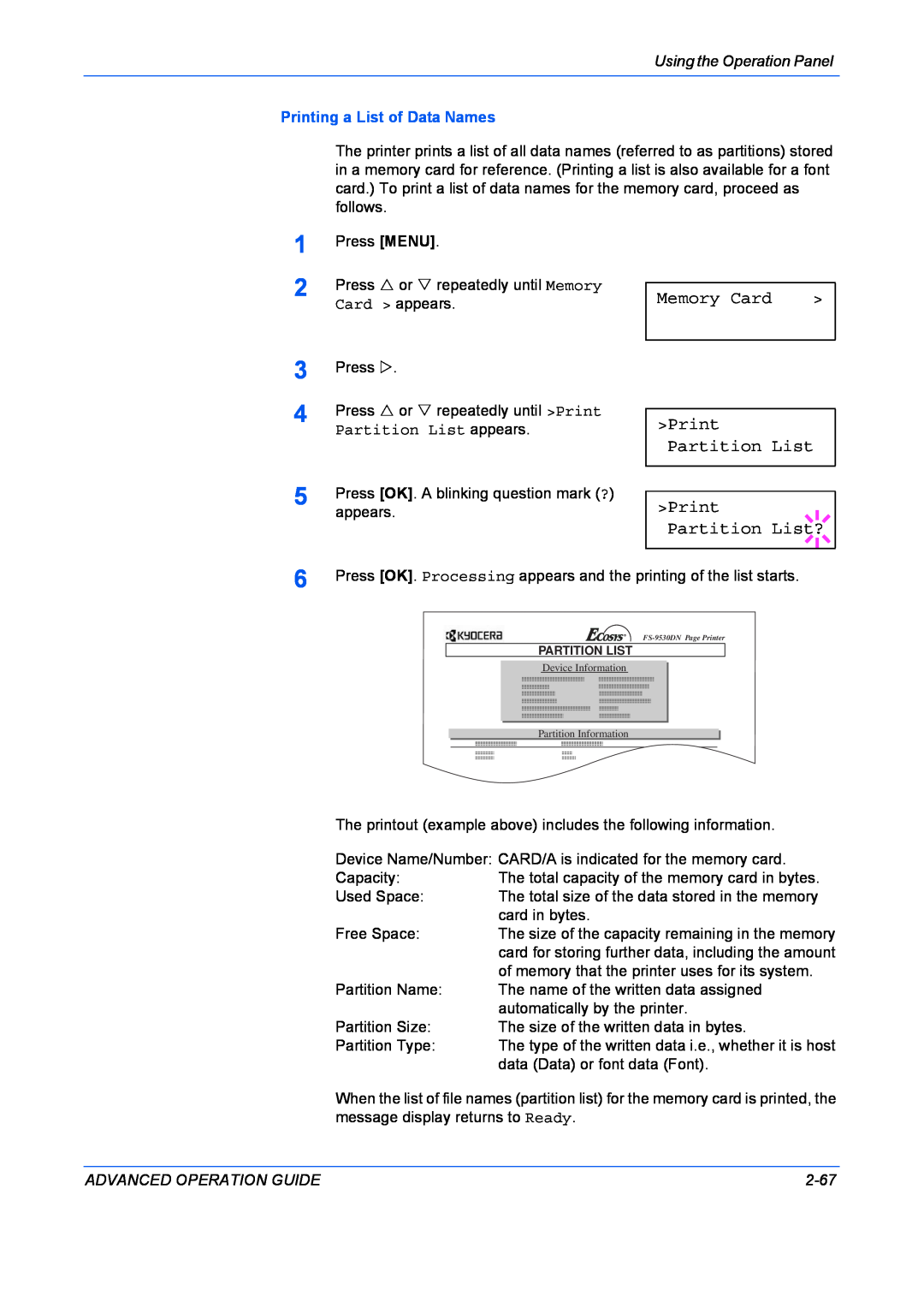 Kyocera 9530DN manual Memory Card, Print Partition List Print Partition List?, Printing a List of Data Names 