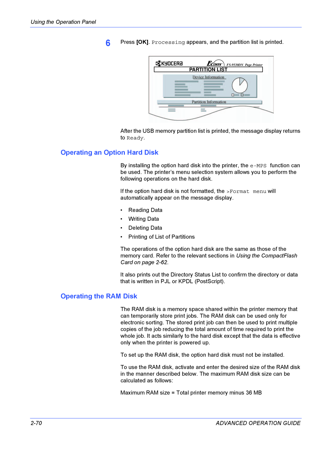 Kyocera 9530DN manual Operating an Option Hard Disk, Operating the RAM Disk 