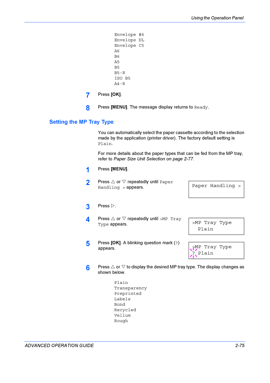 Kyocera 9530DN manual Setting the MP Tray Type, Paper Handling MP Tray Type Plain ? Plain 