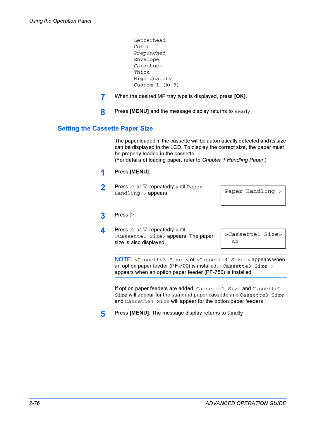 Kyocera 9530DN manual Setting the Cassette Paper Size, Paper Handling Cassette1 Size A4 